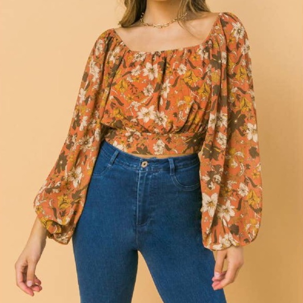 Rust Floral Smocked Banded Waist Top